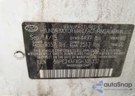 2016 Hyundai Sonata Se z USA, uszkodzony, nr VIN 5NPE24AF4GH305332